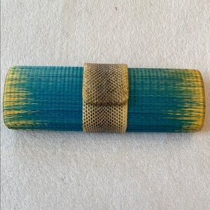 John Carlo Creations snakeskin and ombré turquoise to yellow raffia clutch